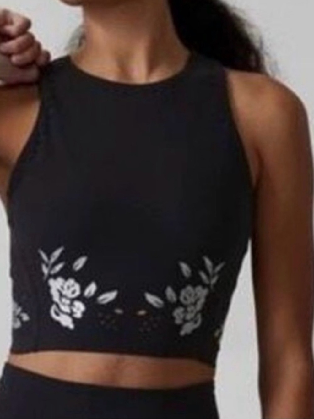 Athleta Conscious Crop Black Top,  eyelet Cut-Outs with silver floral, Sz Small